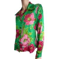 button front floral jade blouse in silk satin charmeuse