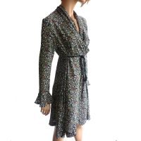 flora kung bell sleeves silk crepe black and white mock wrap dress