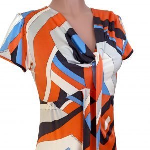Flora-Kung-self-tie-Plunge-V-Printed-salmon-orange-Silk-Dress-NWT