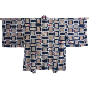 Japanese-unisex-navy-taupe-geometric-silk-kimono