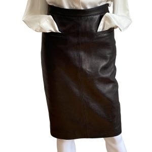 agnes-b.-made-in-france-black-leather-skirt-with-pockets
