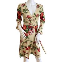 Flora Kung silk jersey true wrap Lind dress has red roses on an birch ground