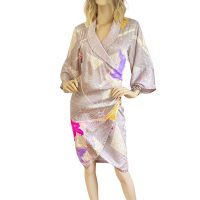 Shawl collar fitted wrap dress with kimono sleeves. Name: Flora Kung Dessa dress. Entry: True wrap Fabric: 100% silk jacquard. Print: Abstract orchids Colors: Pink, yellow, lavender, ecru on champagne Condition: New with tag Approximately 42" long. Other measurements are flexible by adjusting the under ties.